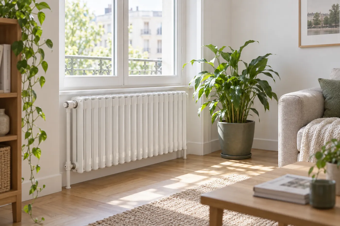 Radiateur blanc à colonnes sous une fenêtre, dans un séjour lumineux du Val-de-Marne