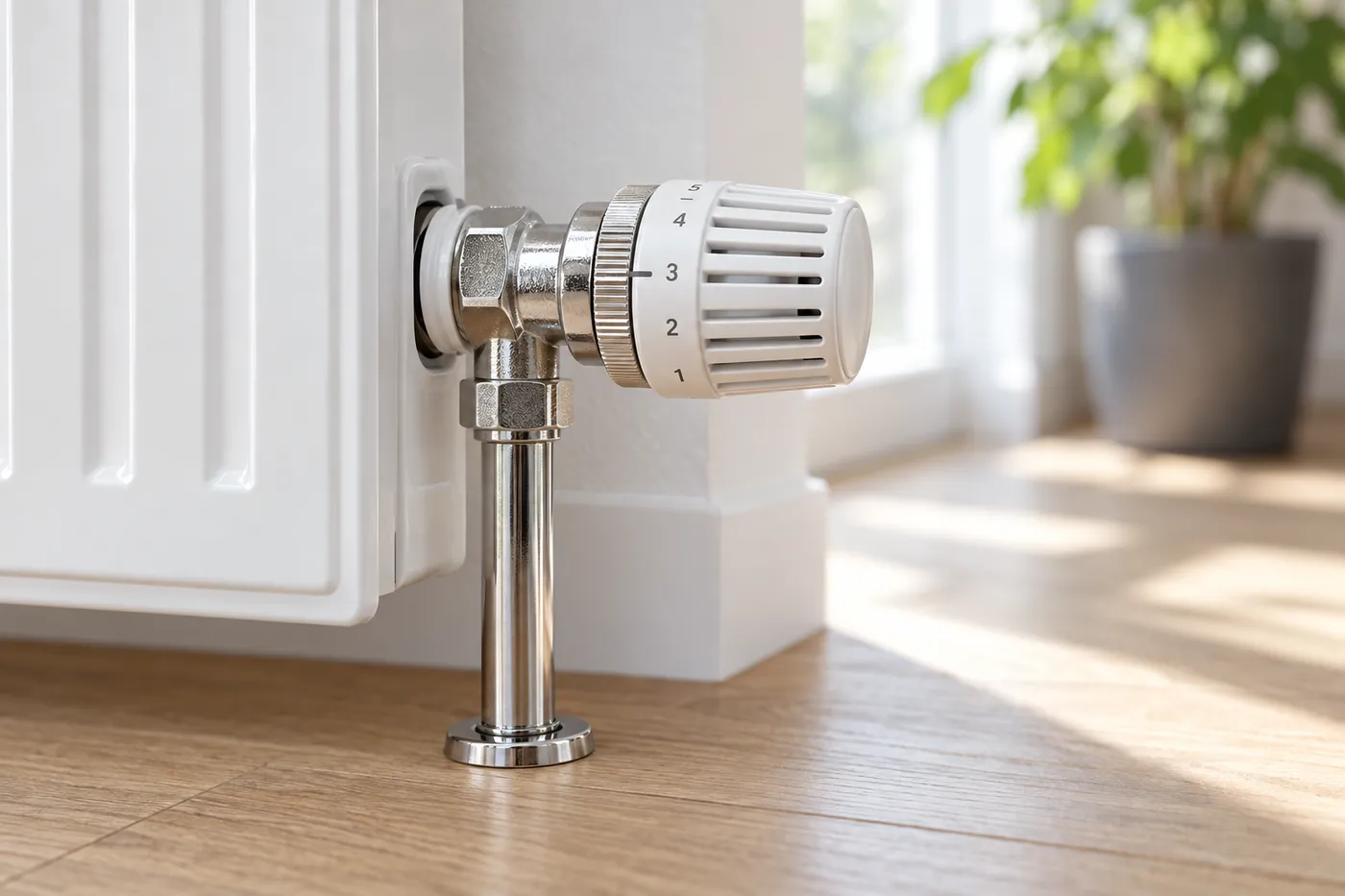 Tête de robinet thermostatique graduée sur un radiateur blanc