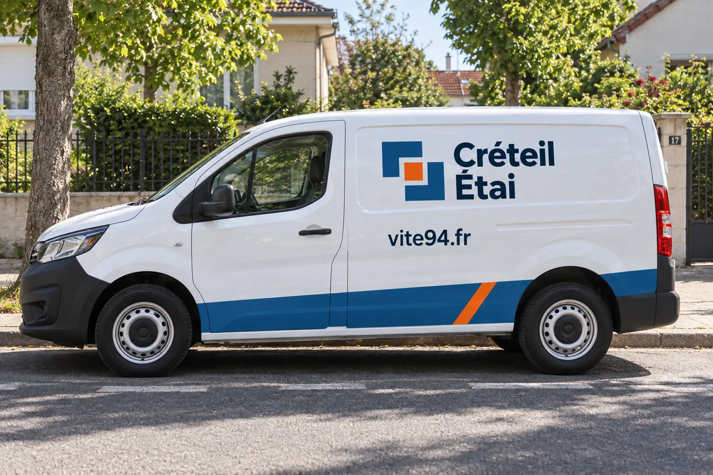 Utilitaire blanc aux couleurs de Créteil Étai (vite94.fr) garé dans une rue résidentielle du Val-de-Marne